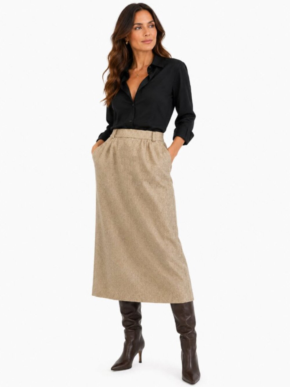 Escada Vintage Beige Wool Tweed Midi Skirt 100% New Wool EU 42 Medium